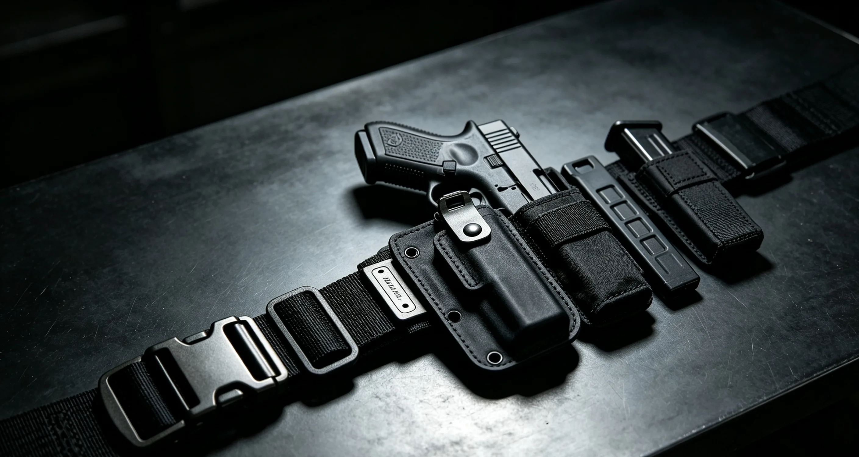 Heavy-duty duty belt with buckle and equipment pouches for security personnel