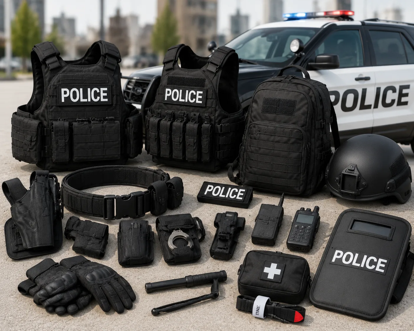 Police duty gear including handcuffs, badge, and enforcement equipment for law enforcement