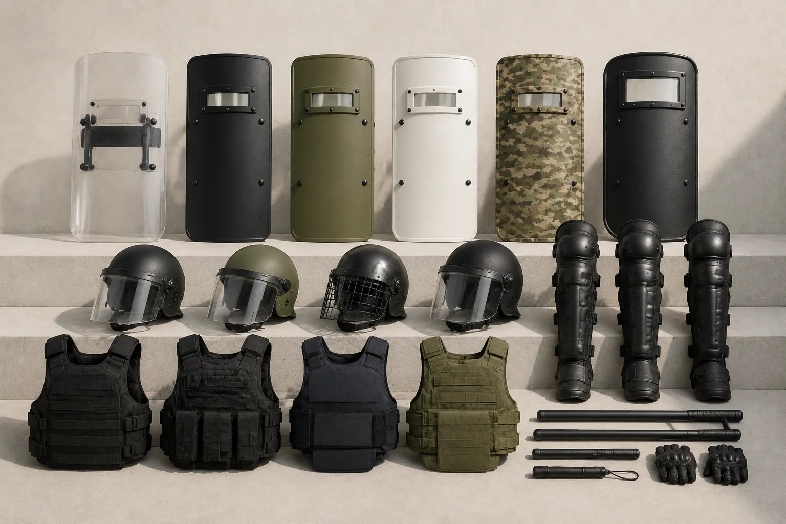 Riot control suit and shield setup for civil disturbance and crowd management operations