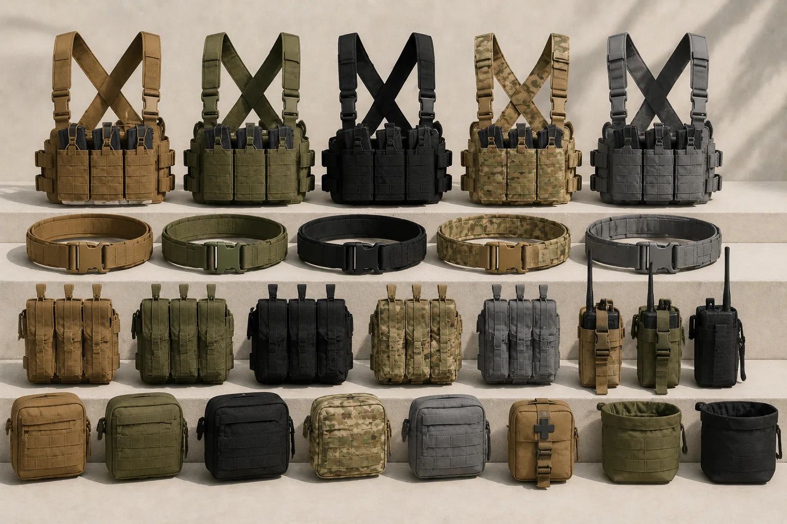 Tactical duty belt with magazine pouches, holster, and equipment for patrol and security